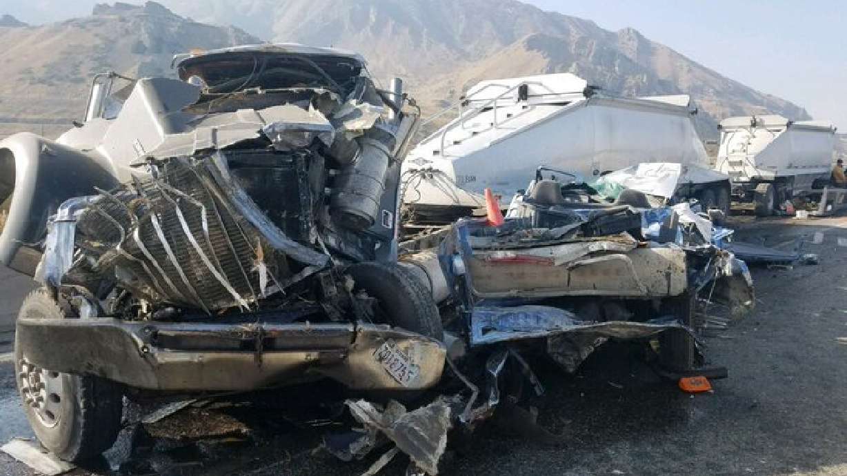 A vehicle involved in a crash on I-80 in Tooele County is seen on Friday, Sept. 25, 2020.