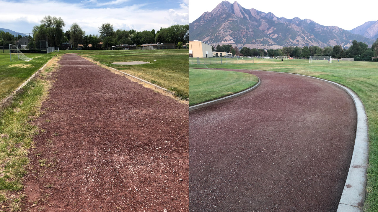 Images showing what the Bonneville Jr. High track looked like before (left) B.J. Christenson cleaned it up and after (right) his project was finished.