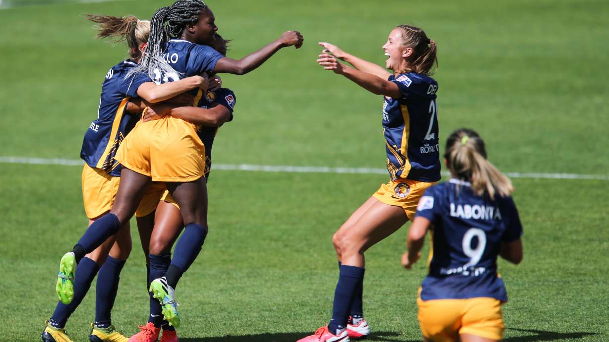 Utah Royals FC players celebrate as Aminata Diallo (38) scores the first goal during a NWSL soccer game at Rio Tinto Stadium in Sandy on Saturday, Sept. 26, 2020.