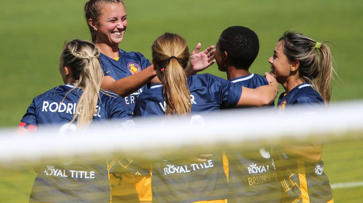 Utah Royals FC players celebrates for their second goal scored by Tziarra King (3) during a NWSL soccer game at Rio Tinto Stadium in Sandy on Saturday, Sept. 26, 2020.