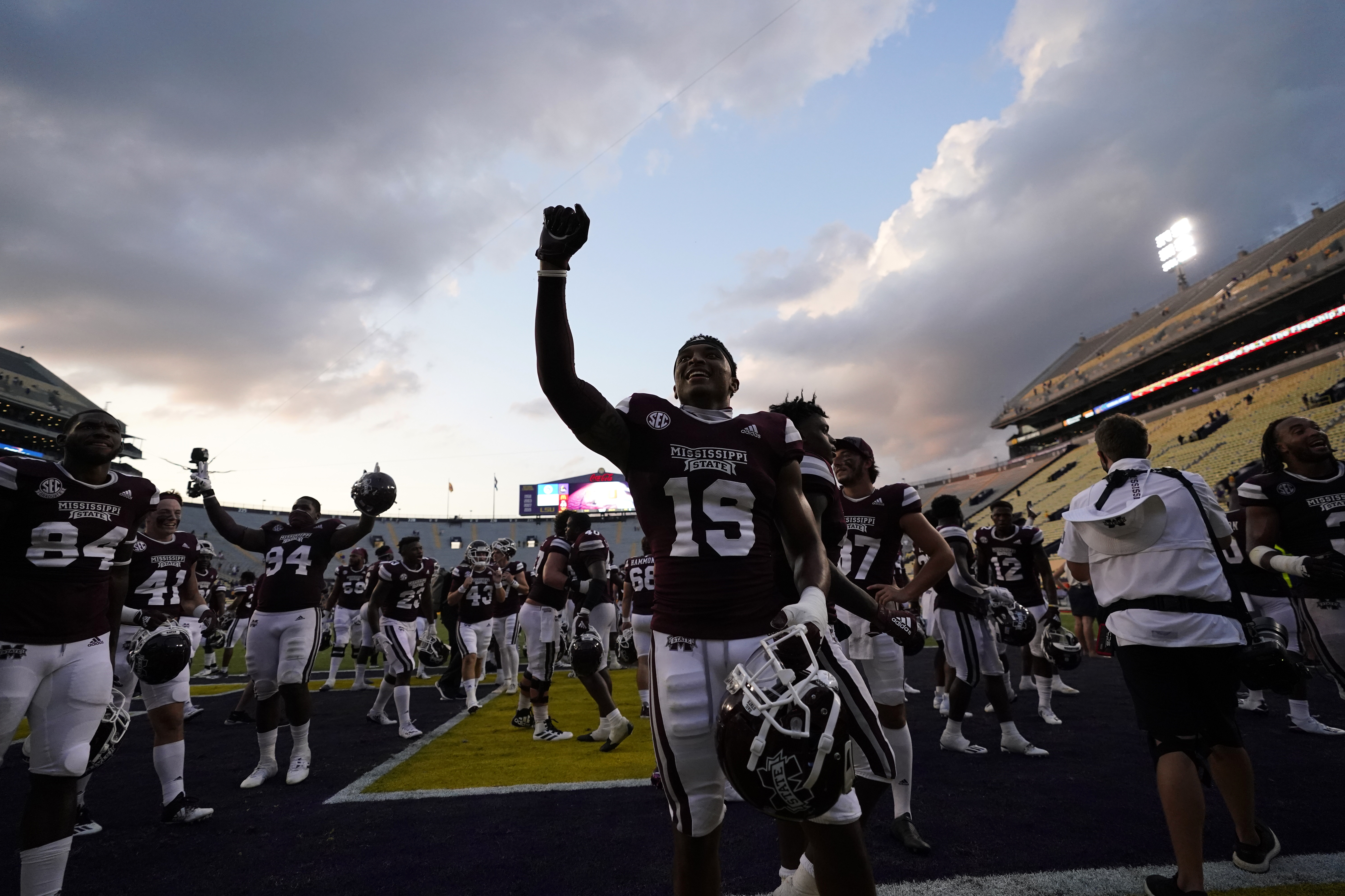 Mississippi State safety Collin Duncan (19) celebrates their win after an NCAA college football game against LSU in Baton Rouge, La., Saturday, Sept. 26, 2020. Mississippi State won 44-34. (AP Photo/Gerald Herbert) [Sep-26-2020]