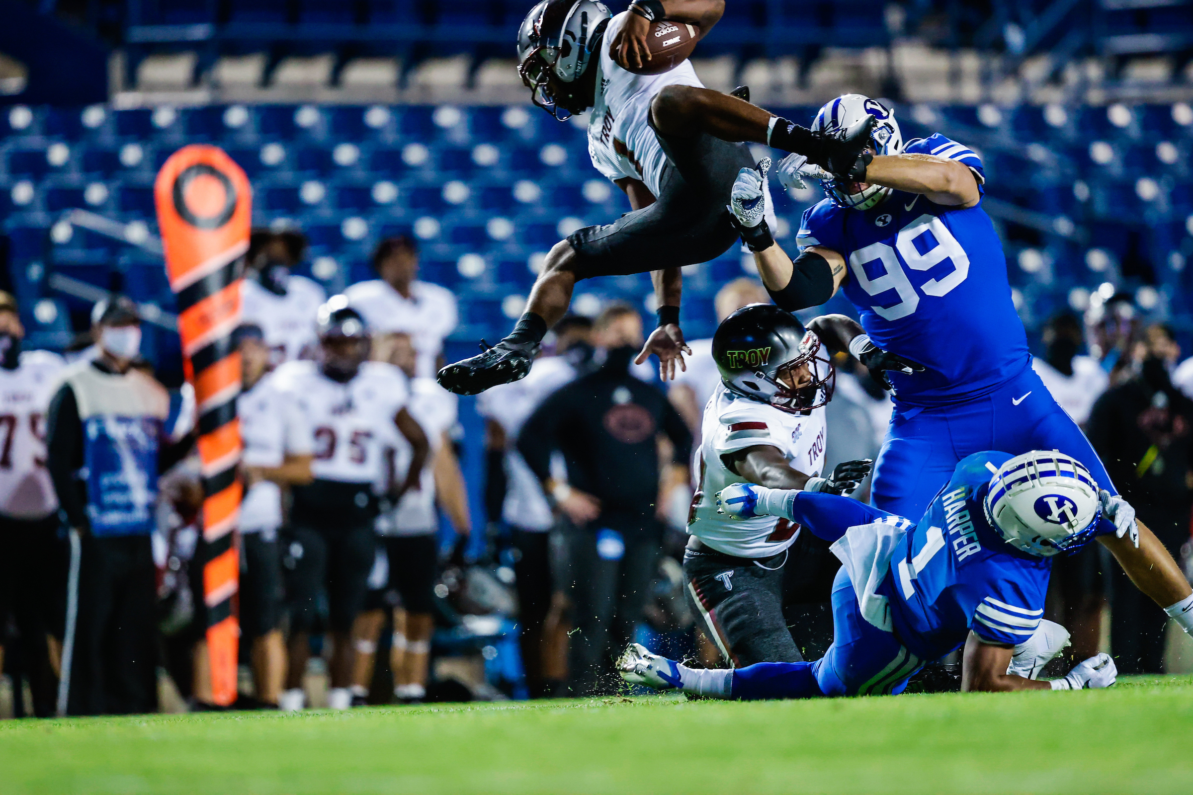 BYU defensive lineman Zac Dawe pushes back against an attempted hurdle during an NCAA college football game, Saturday, Sept. 22, 2020 in Provo, Utah.