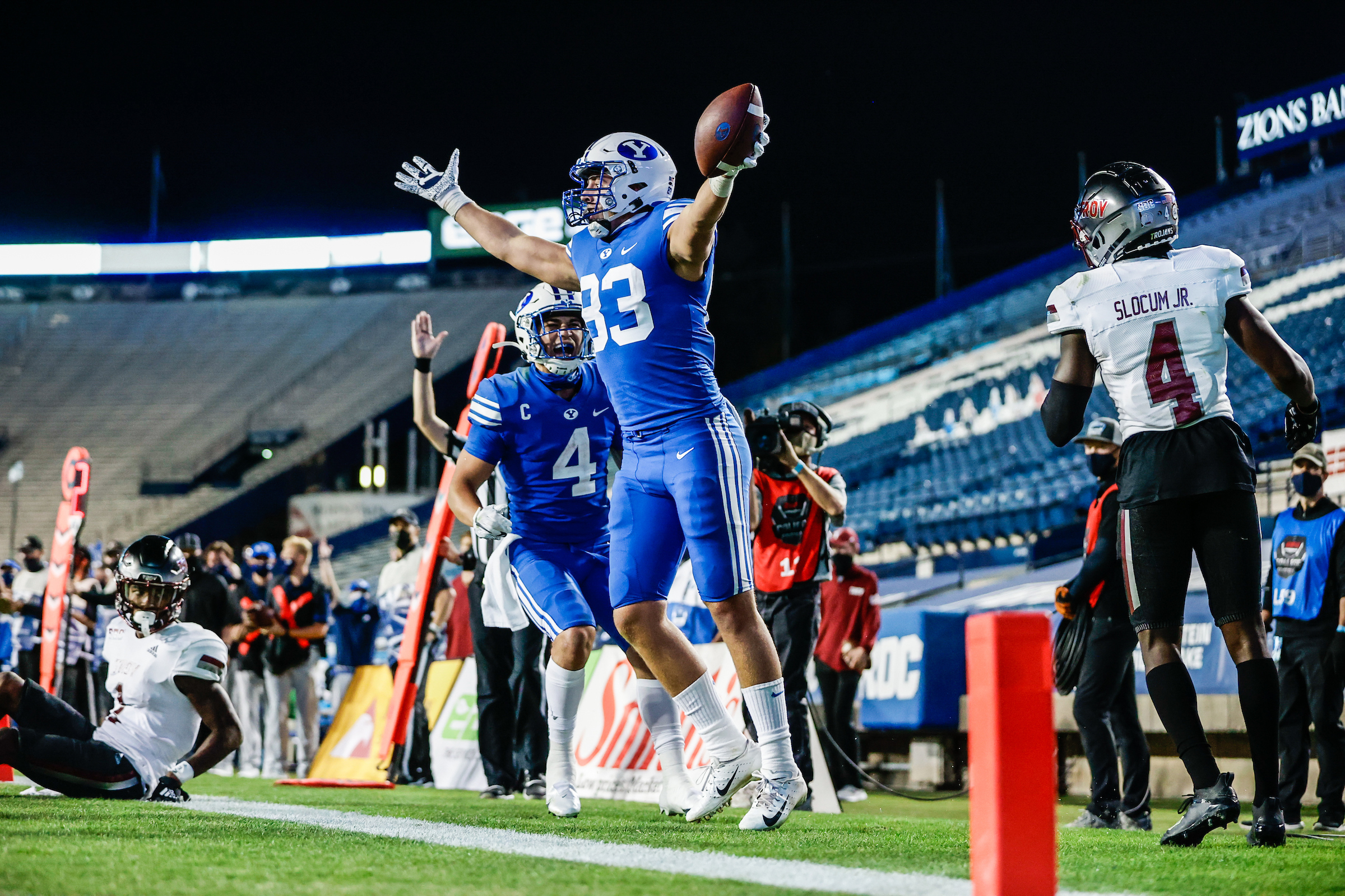 Tight End Isaac Rex celebrates his touchdown in Provo, Utah for their game against Troy