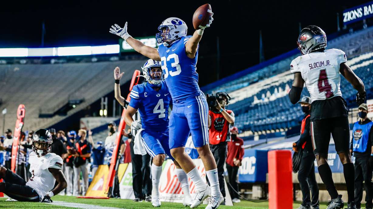 Tight End Isaac Rex celebrates his touchdown in Provo, Utah for their game against Troy