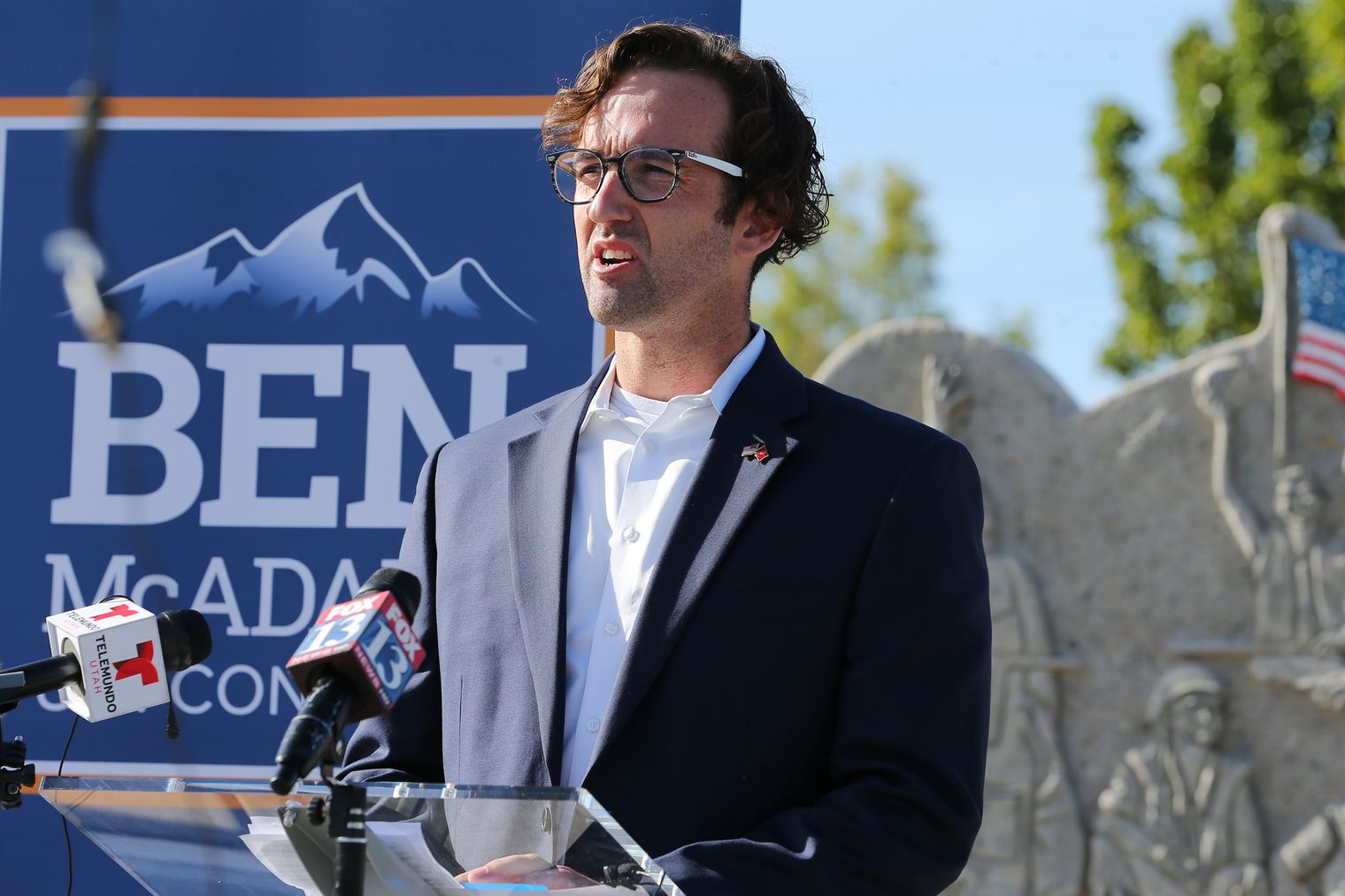 Veteran Chris Goehner talks about his fight with thoughts of suicide and how he has been able to get help during a press conference at the Military Services Monument in West Jordan’s Veterans Memorial Park on Monday, Sept. 28, 2020. During the event, Rep. Ben McAdams, D-Utah, discussed his bipartisan bill to prevent veteran suicides. The bill, which studies the connection between living in high-altitudes and rates of suicide, passed in the House and will now go to the president for his signature.