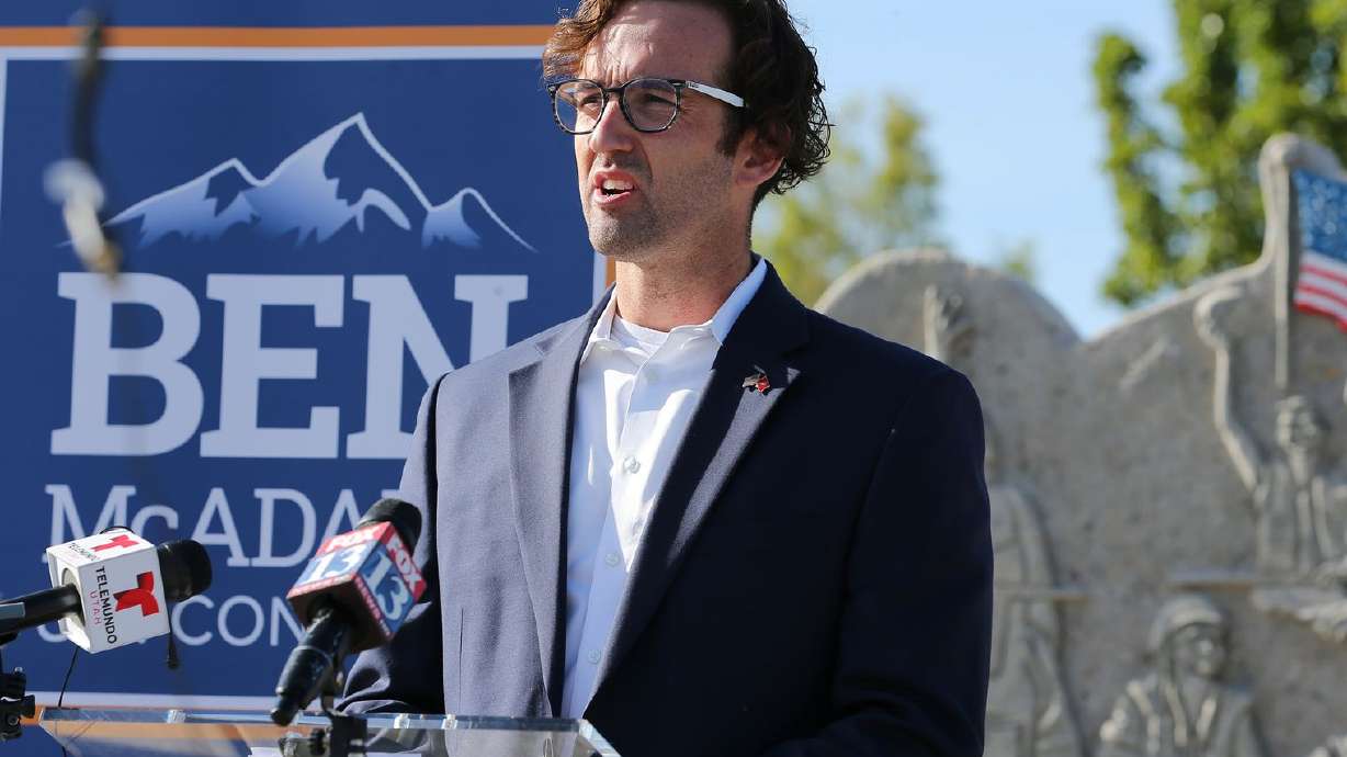 Veteran Chris Goehner talks about his fight with thoughts of suicide and how he has been able to get help during a press conference at the Military Services Monument in West Jordan’s Veterans Memorial Park on Monday, Sept. 28, 2020. During the event, Rep. Ben McAdams, D-Utah, discussed his bipartisan bill to prevent veteran suicides. The bill, which studies the connection between living in high-altitudes and rates of suicide, passed in the House and will now go to the president for his signature.