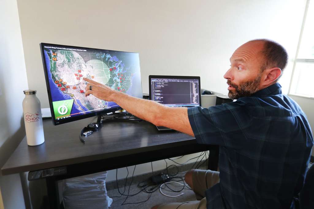 Nathan Allan, CTO of Pollen Sense, shows a computer reading of real time pollen numbers in Utah as he describes the company's new pollen app and sensing tools that are capable of giving real time information at the firm's Provo offices on Wednesday, Sept. 2, 2020.