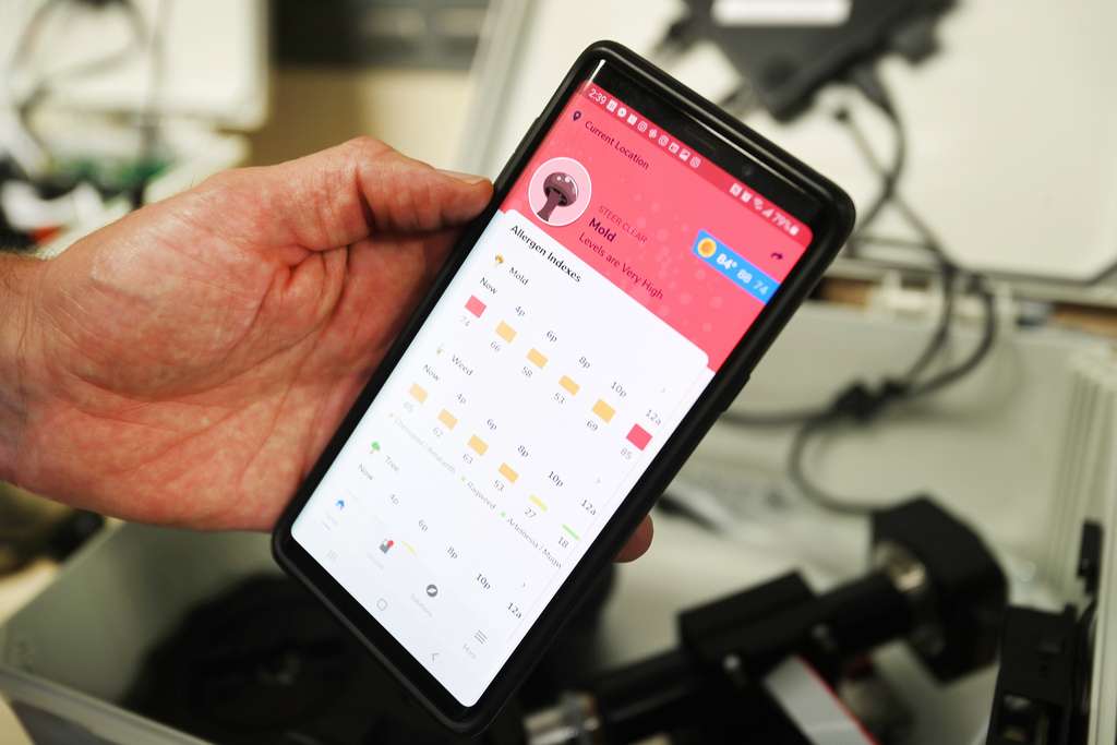 Nathan Allan, CTO of Pollen Sense, demonstrates the company's new pollen app and sensing tools that are capable of giving real time information at the firm's Provo offices on Wednesday, Sept. 2, 2020.