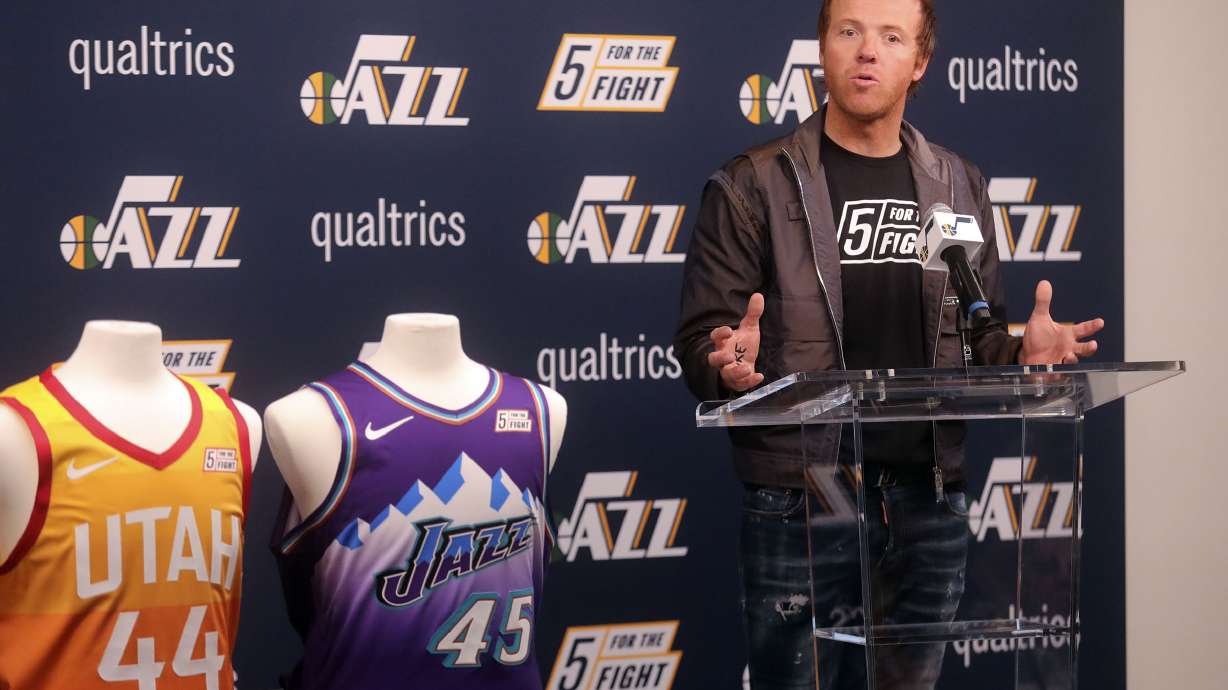 Ryan Smith, co-founder and CEO of Qualtrics and co-founder of 5 For The Fight, speaks during a press conference to announce that Qualtrics will sponsor the 5 for the Fight Utah Jazz jersey patch through the 2022-2023 season, at the Zions Bank Basketball Center in Salt Lake City on Monday, Oct. 21, 2019. The 5 For The Fight program is a global campaign encouraging everyone to donate $5 in the fight against cancer.