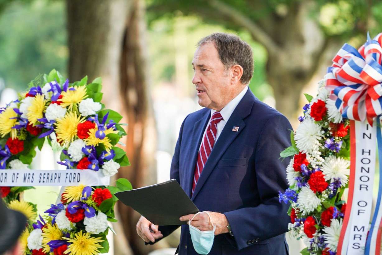 Gov. Gary Herbert speaks during a ceremony honoring Utah’s Seraph Young Ford at Arlington National Cemetery in Arlington, Va., on Tuesday, Sept. 29, 2020. Ford was the first woman to cast a ballot in the United States.