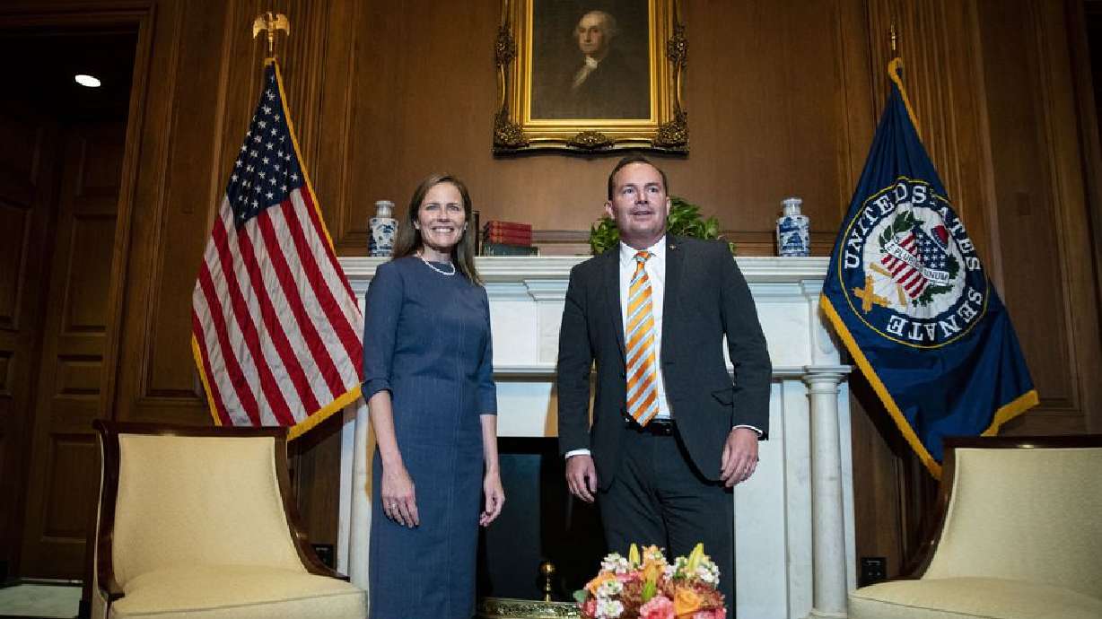 Judge Amy Coney Barrett, President Donald Trump’s nominee to the Supreme Court, meets with Sen. Mike Lee, R-Utah, at the Capitol on Tuesday, Sept. 29, 2020, in Washington.