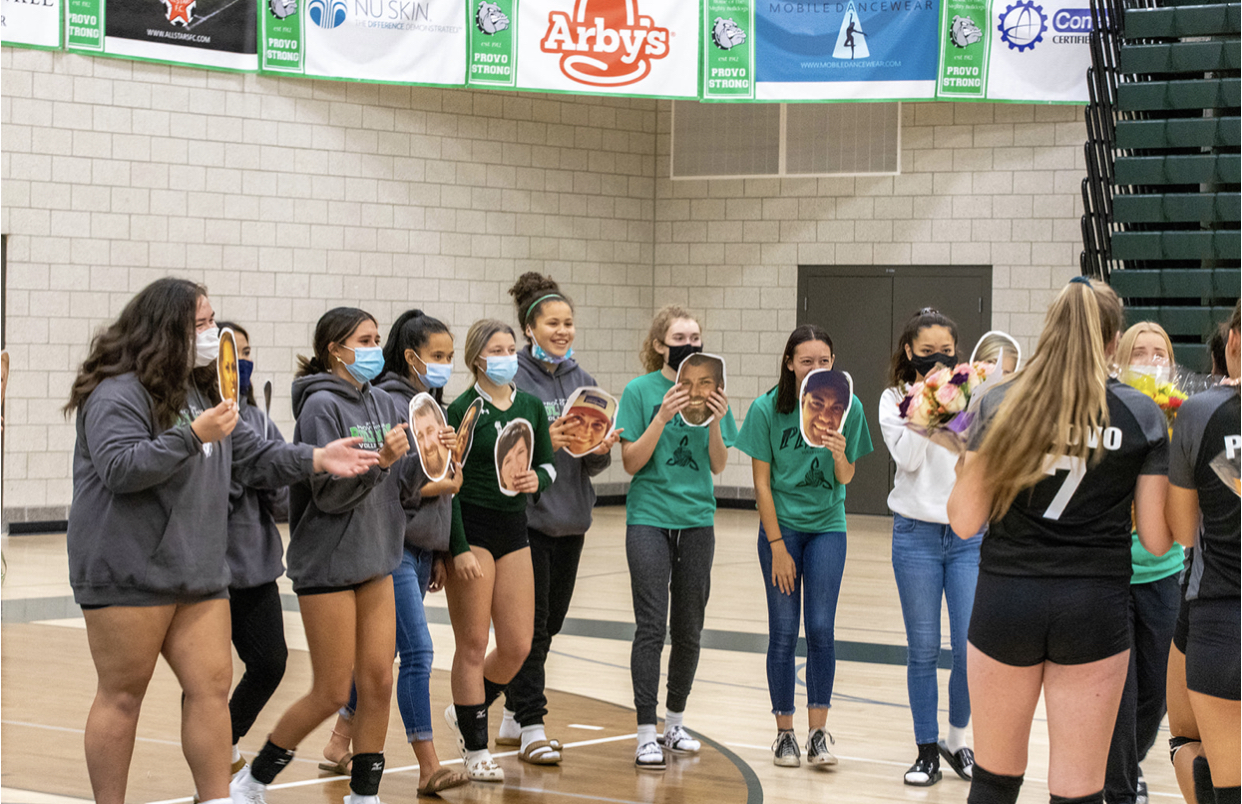 Lots of tears from stand-in parents and seniors during senior night for Provo volleyball, Thursday, Sept. 22, 2020 in Provo.