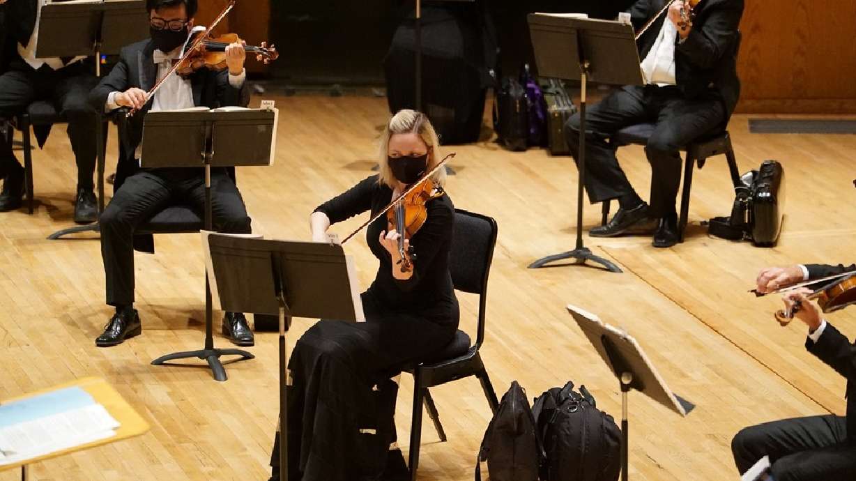 The Utah Symphony utilizes face masks and social distancing during a performance in Abravanel Hall in Salt Lake City in this 2020 handout photo.