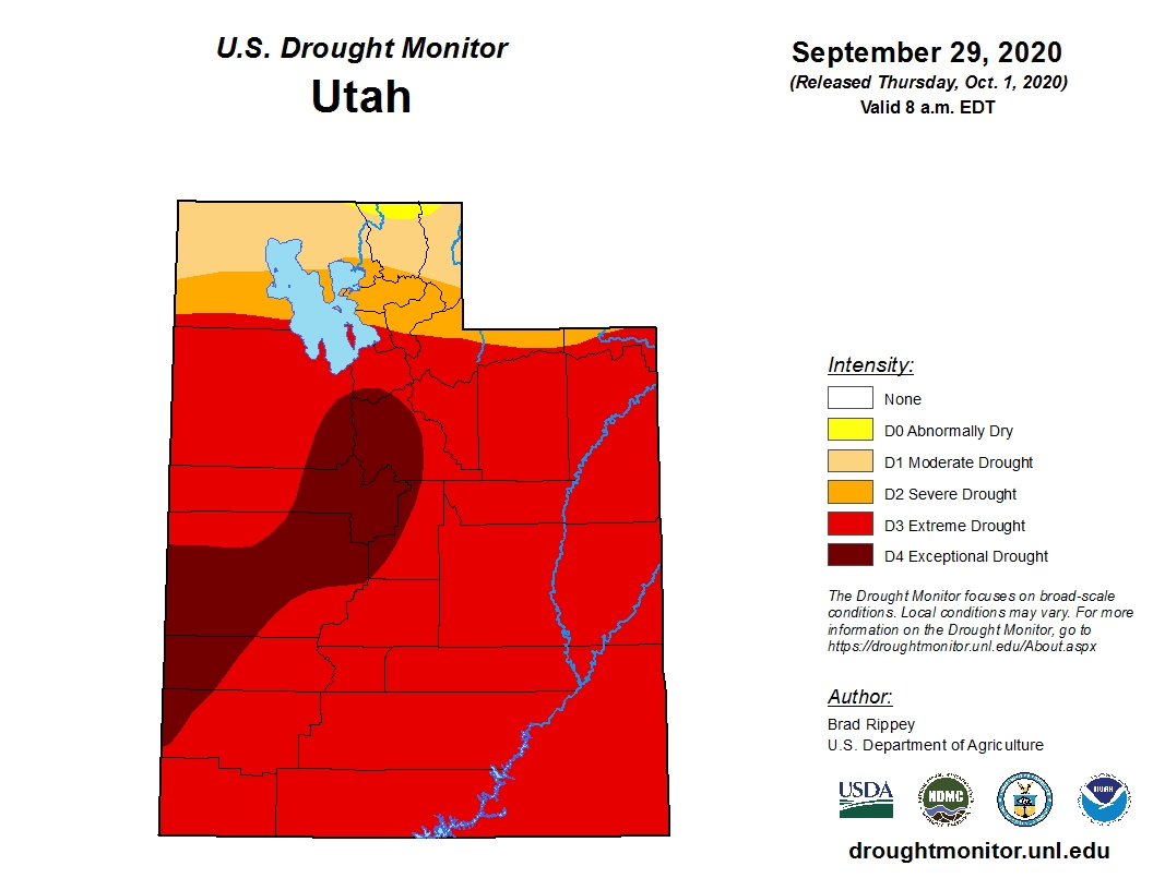 This map, released by the U.S. Drought Monitor on Thursday, Oct. 1, 2020, shows that at least 87% of Utah is in an "extreme" drought.