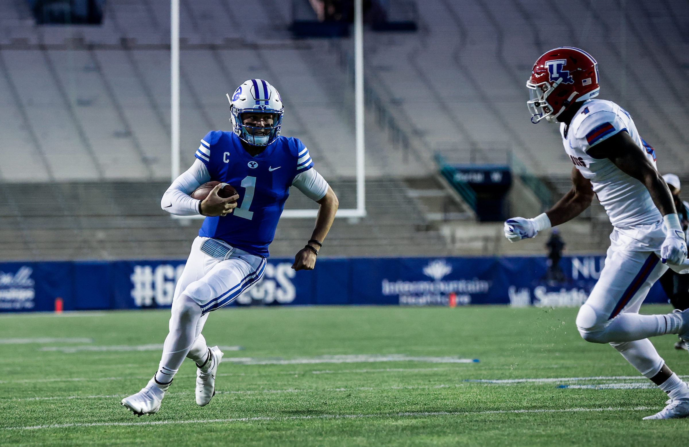 BYU's Zach Wilson runs for a touchdown against Louisiana Tech, Friday, Oct. 2, 2020 in Provo, Utah.