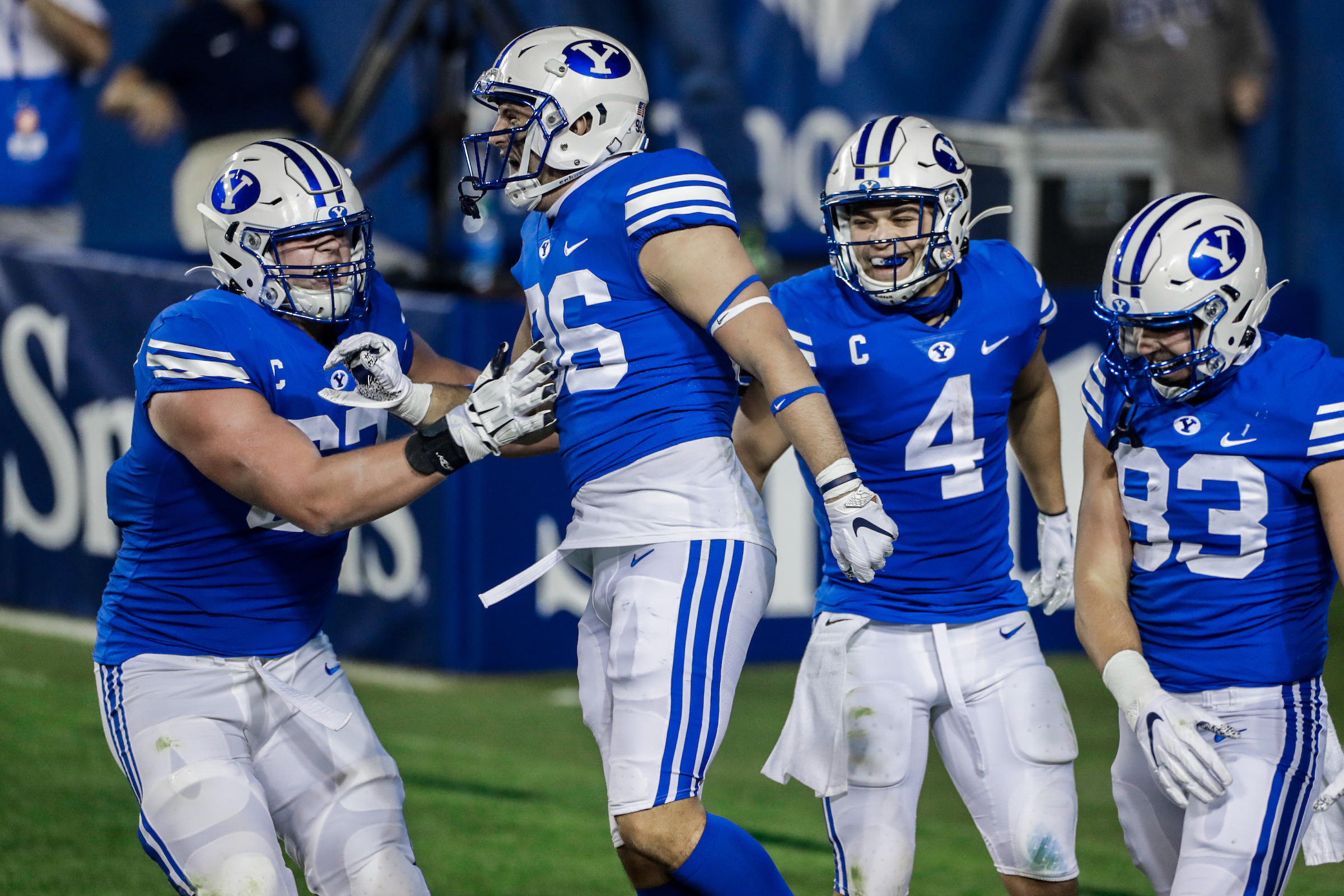 BYU tight end Carter Wheat celebrates his first career touchdown against Louisiana Tech, Friday, Oct. 2, 2020 in Provo, Utah.