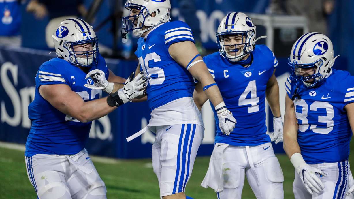 BYU tight end Carter Wheat celebrates his first career touchdown against Louisiana Tech, Friday, Oct. 2, 2020 in Provo, Utah.