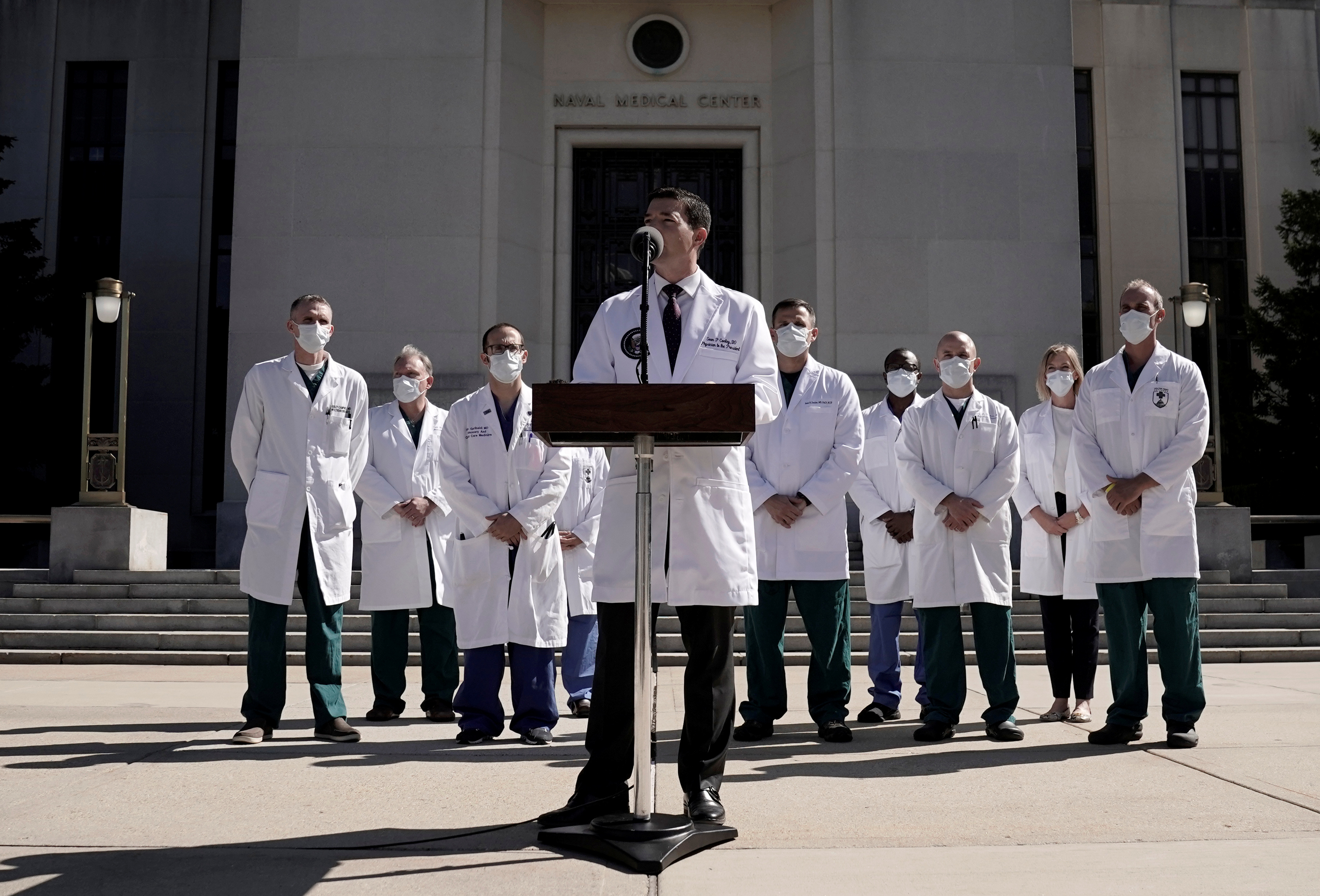 U.S. Navy Commander Dr. Sean Conley, the White House physician, talks to the media about U.S. President Donald Trump's health after the president was hospitalized for coronavirus disease (COVID-19) treatment, at Walter Reed National Military Medical Center, in Bethesda, Maryland, U.S., October 3, 2020.