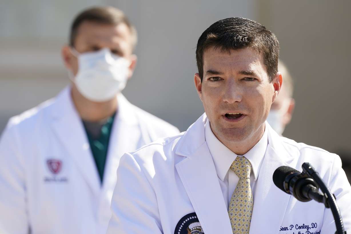 Dr. Sean Conley, physician to President Donald Trump, briefs reporters at Walter Reed National Military Medical Center in Bethesda, Md., Sunday, Oct. 4, 2020. Trump was admitted to the hospital after contracting the coronavirus.