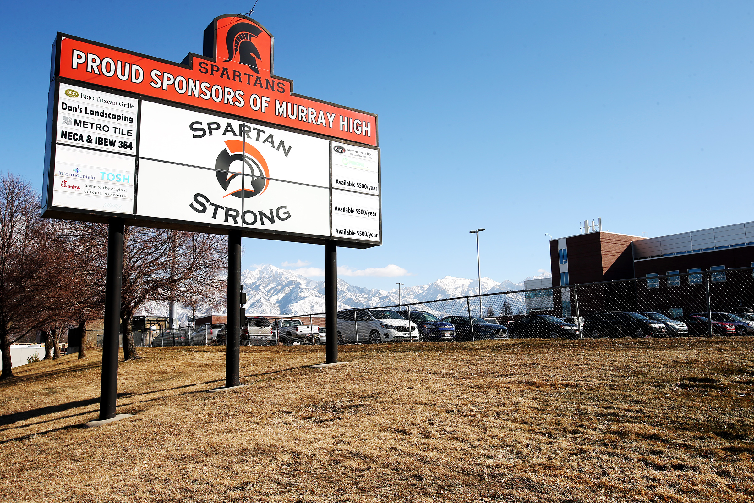 The sign in front of Murray High School, 5440 S. State, is prominent in this image from Feb. 19, 2020.