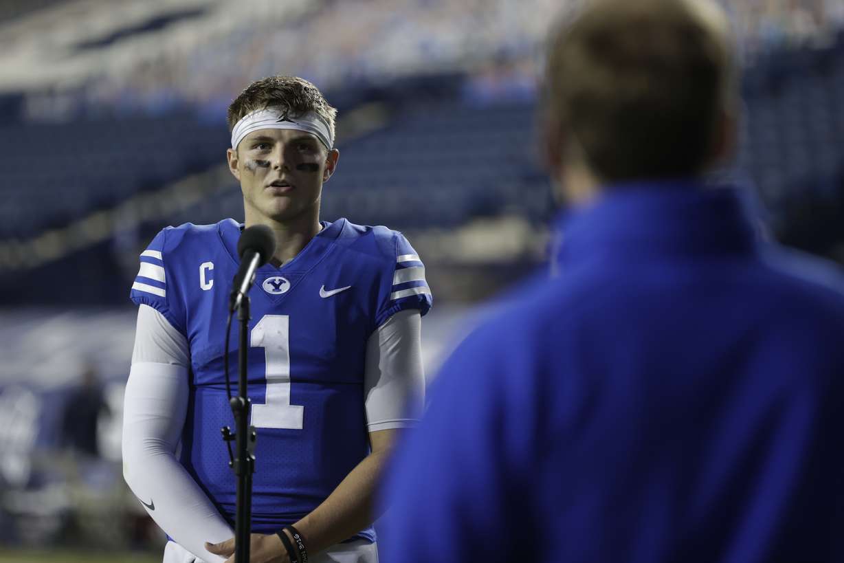 BYU quarterback Zach Wilson speaks to BYUtv after the Cougars' 45-14 win over Louisiana Tech, Friday, Oct. 2, 2020 in Provo.