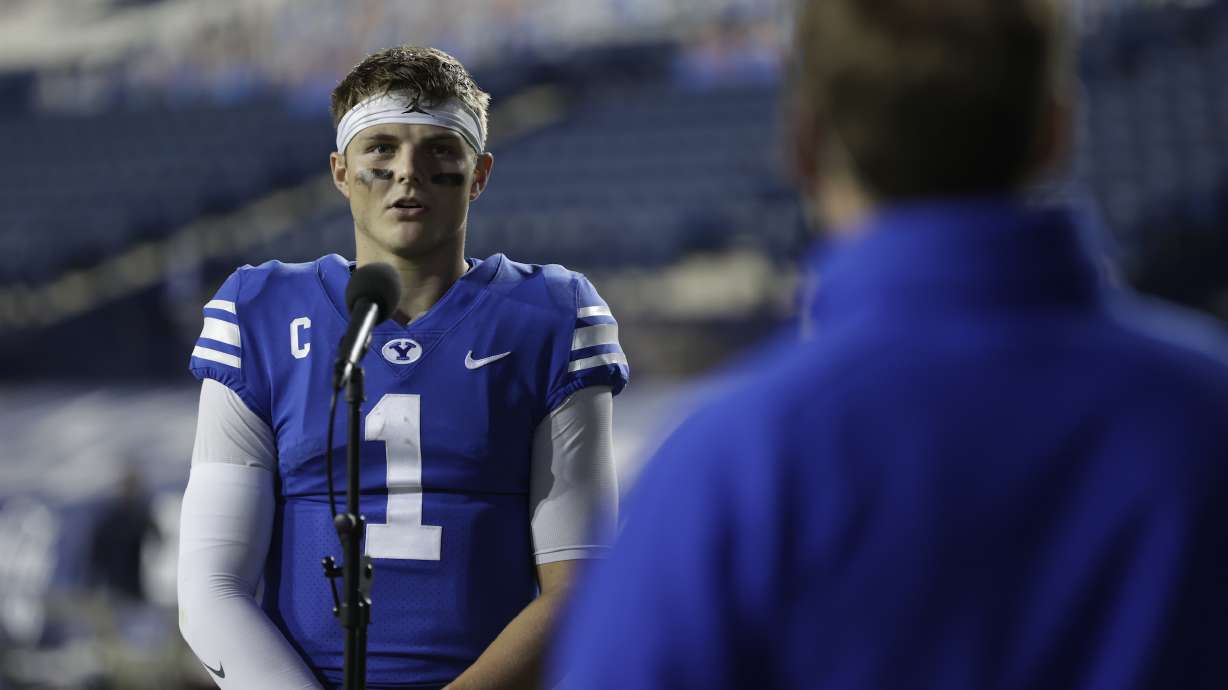 BYU quarterback Zach Wilson speaks to BYUtv after the Cougars' 45-14 win over Louisiana Tech, Friday, Oct. 2, 2020 in Provo.