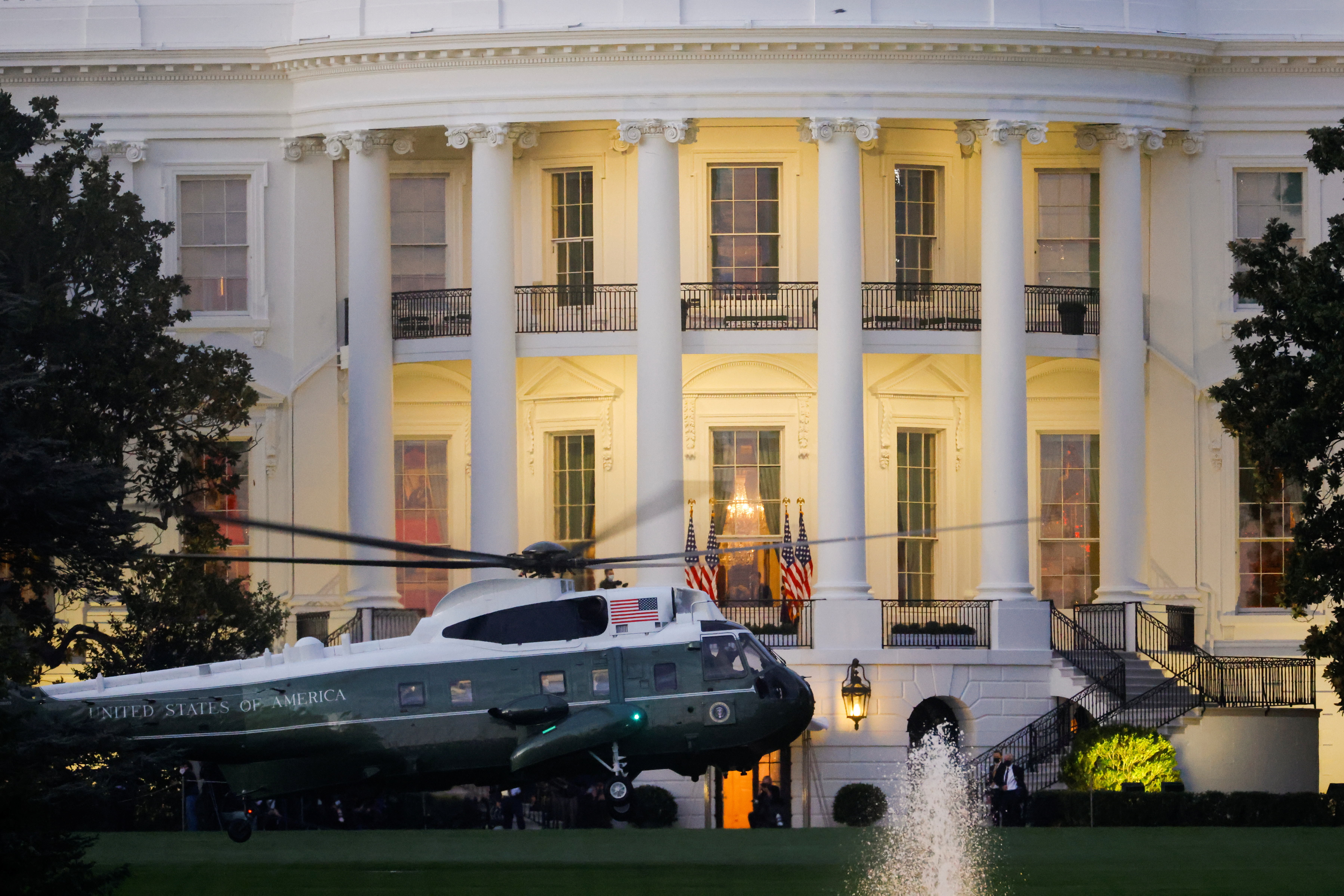 Marine One with U.S. President Donald Trump lands at the White House after he underwent a fourth day of treatment for the coronavirus disease (COVID-19), in Washington, U.S., October 5, 2020.