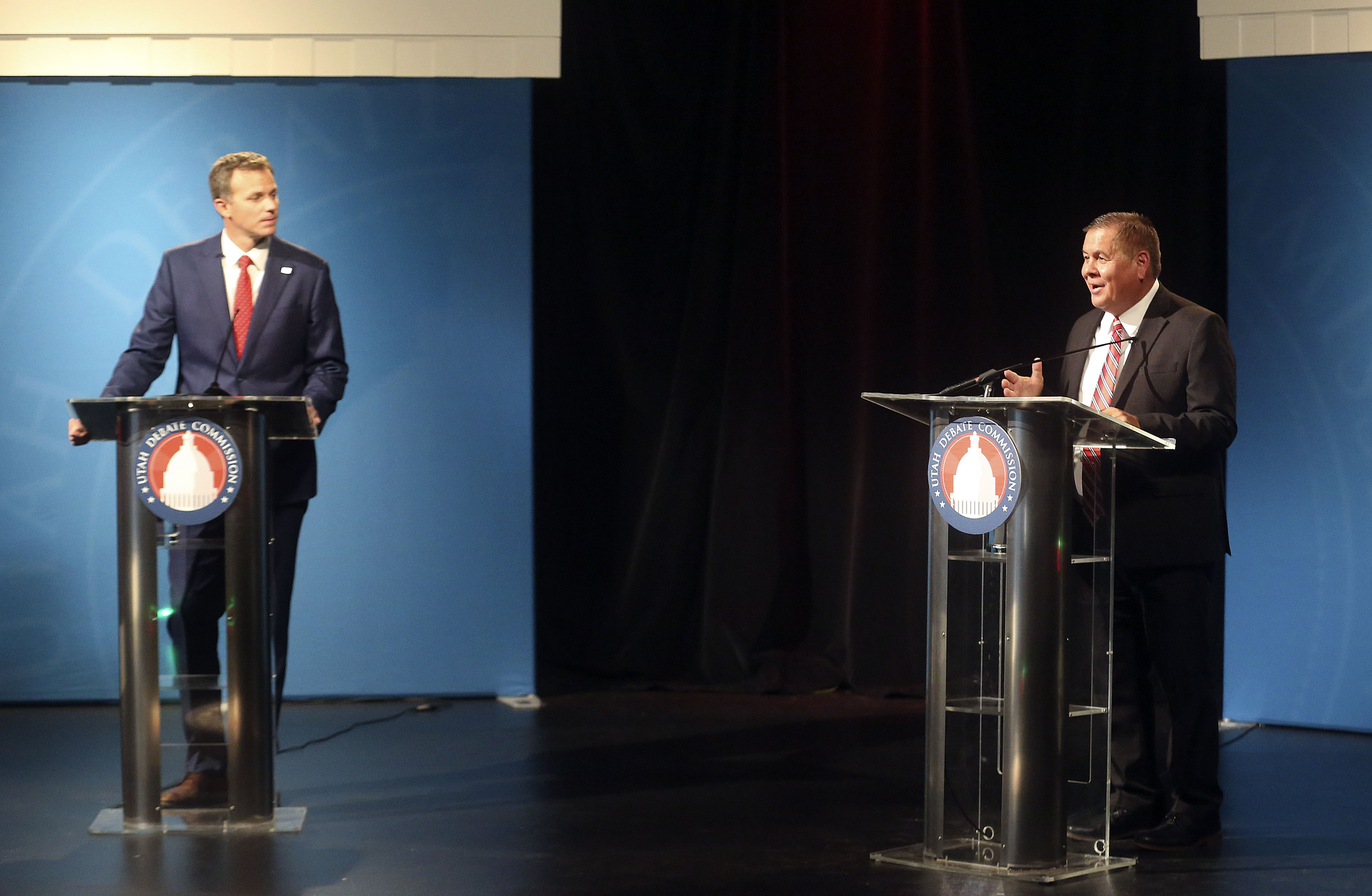 Republican Blake Moore and Democrat Darren Parry, candidates for the 1st Congressional District seat, participate in a debate at the Triad Center on Thursday, Sept. 24, 2020.
