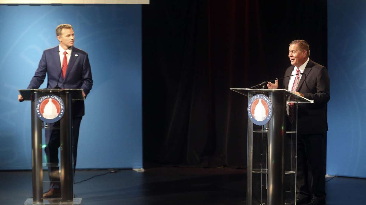 Republican Blake Moore and Democrat Darren Parry, candidates for the 1st Congressional District seat, participate in a debate at the Triad Center on Thursday, Sept. 24, 2020.