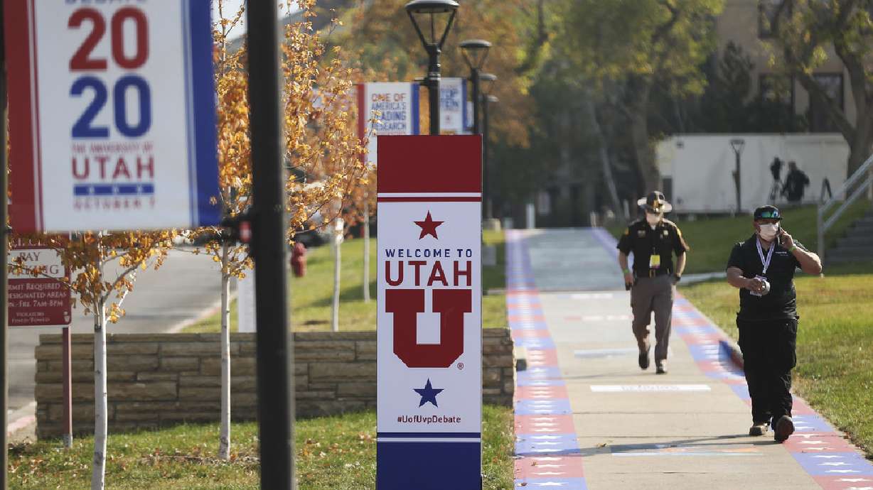 Signs promoting the vice presidential debate are pictured on the University of Utah campus in Salt Lake City on Oct. 7, 2020. The U. was recently selected to host the 2024 presidential debate.