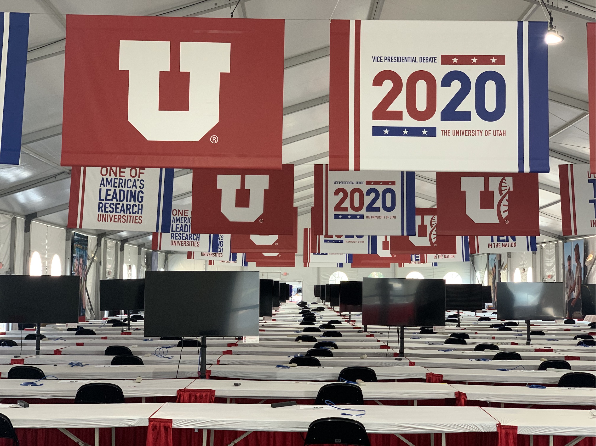 Seats located in the media filing tent just outside Kingsbury Hall where the VP Debate is held on Wednesday, Oct. 7, 2020.