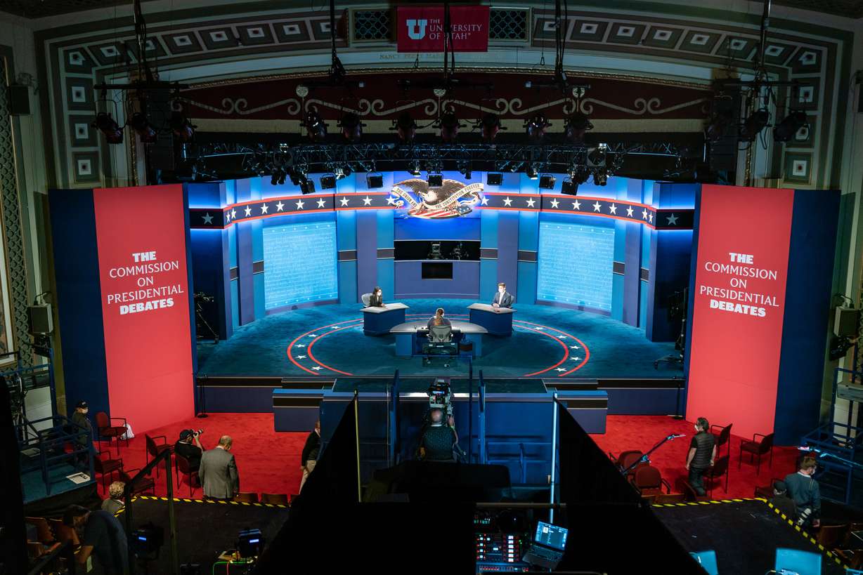 Individuals are used to ensure everything works properly during the VP Debate on Wednesday, Oct. 7, 2020.