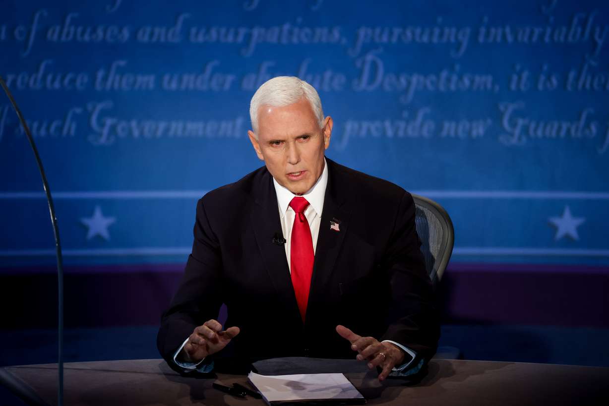 Vice President Mike Pence speaks during the vice presidential debate against Democratic candidate California Sen. Kamala Harris at Kingsbury Hall at the University of Utah in Salt Lake City on Wednesday, Oct. 7, 2020.