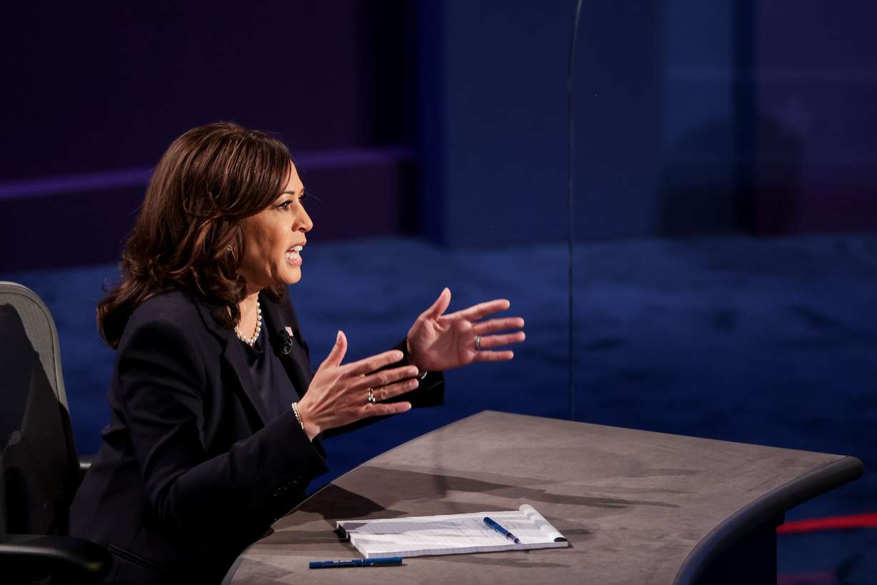 Democratic vice presidential candidate California Sen. Kamala Harris speaks during the vice presidential debate against Vice President Mike Pence at Kingsbury Hall at the University of Utah in Salt Lake City on Wednesday, Oct. 7, 2020.