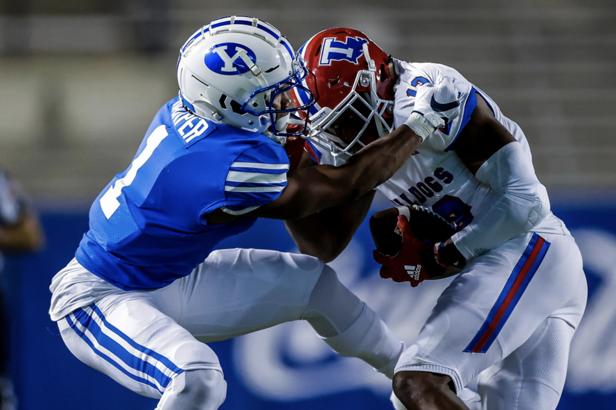 BYU defensive back Micah Harper making a tackle at LaVell Edwards Stadium in Provo for their game against Louisiana Tech.