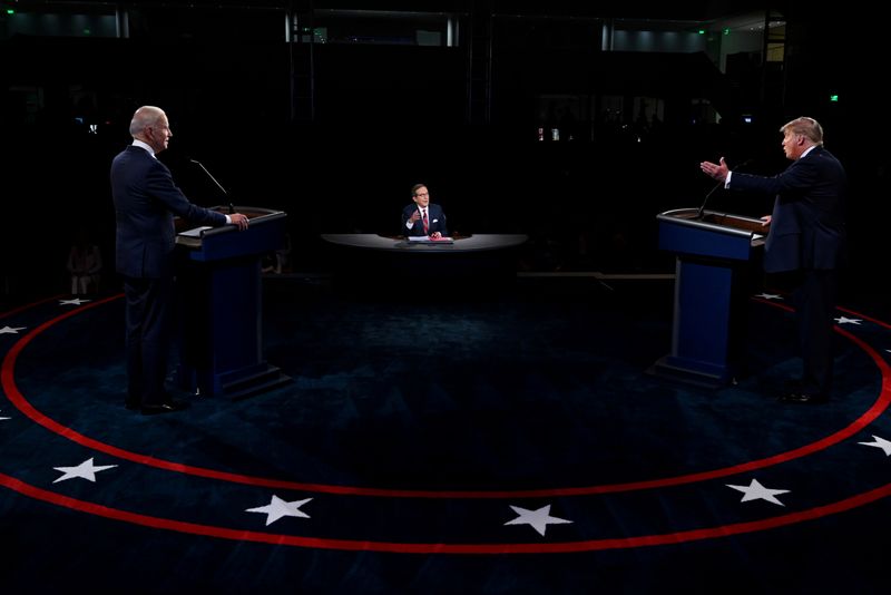 FILE PHOTO: U.S. President Donald Trump and Democratic presidential nominee Joe Biden participate in their first 2020 presidential campaign debate held on the campus of the Cleveland Clinic at Case Western Reserve University in Cleveland, Ohio, U.S., Sept. 29, 2020.