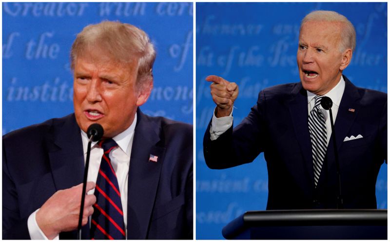 FILE PHOTO: A combination picture shows U.S. President Donald Trump and Democratic presidential nominee Joe Biden speaking during the first 2020 presidential campaign debate, held on the campus of the Cleveland Clinic at Case Western Reserve University in Cleveland, Ohio, U.S., Sept. 29, 2020.