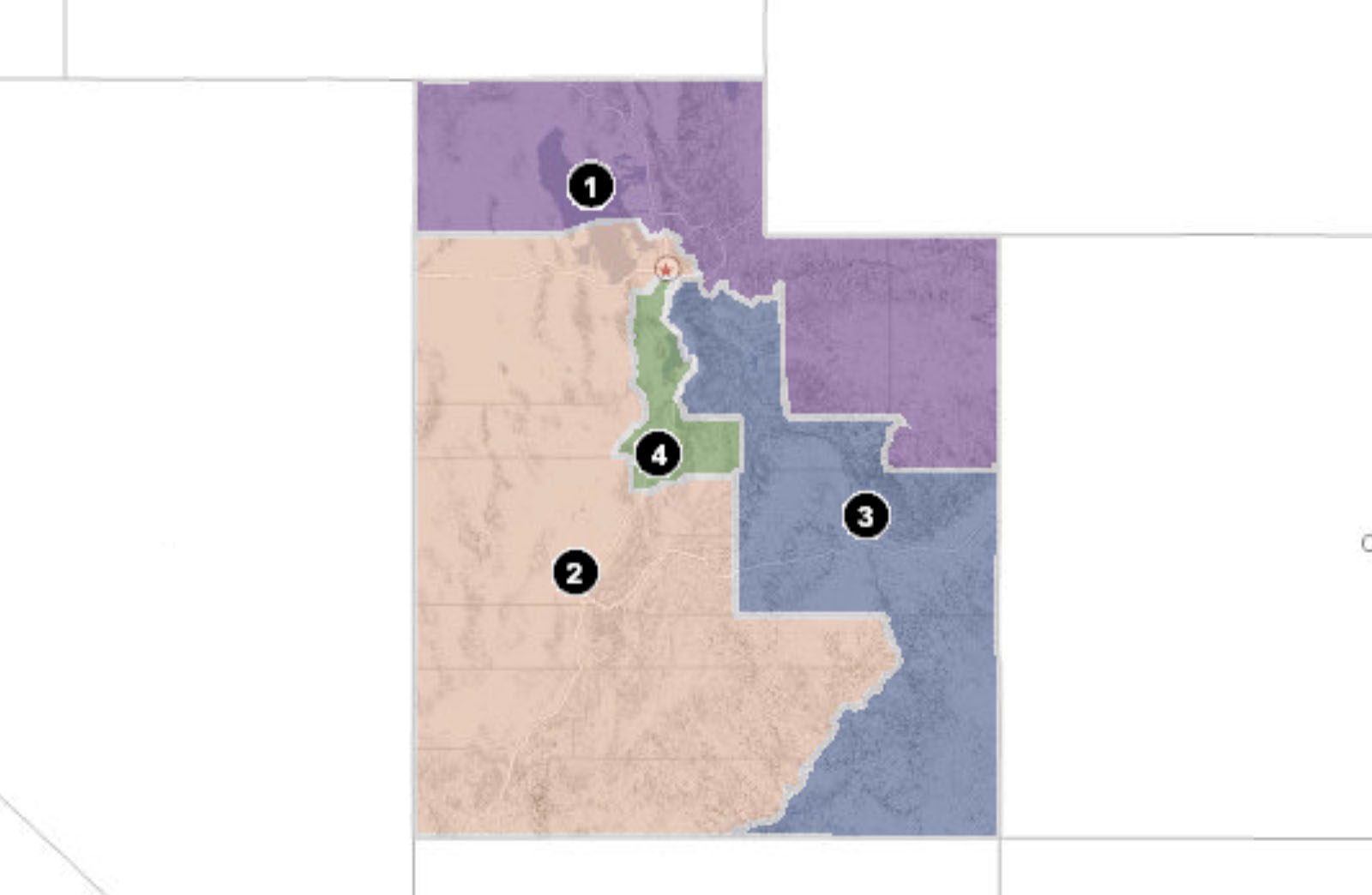A map of the current congressional boundaries in Utah.