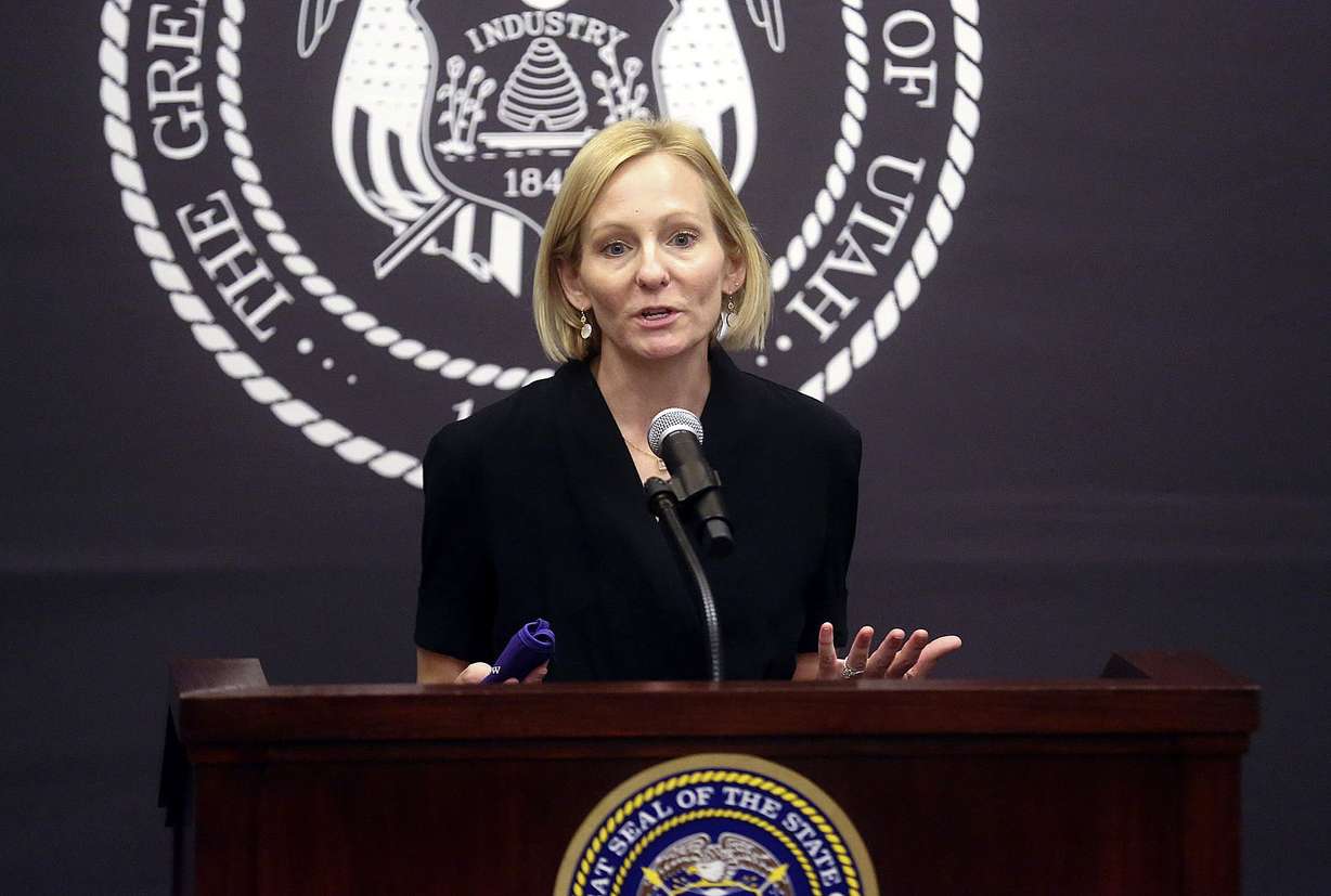 Dr. Emily Spivak, associate professor of infectious disease at University of Utah Health, speaks during a COVID-19 press conference at the Capitol in Salt Lake City on Thursday, Oct. 8, 2020.