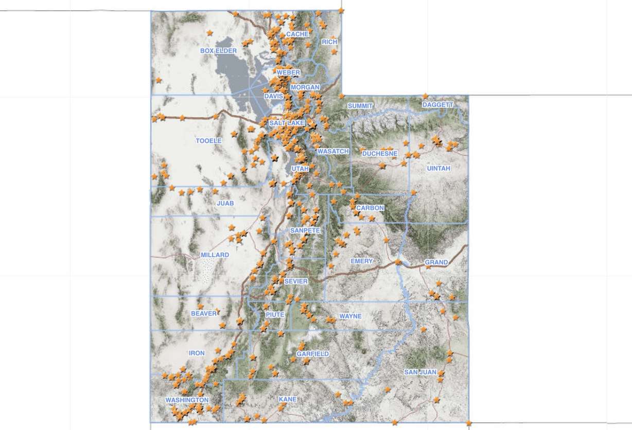 A screenshot of the Utah Division of State History Markers & Monuments Database. The stars show where historic markers are located in the state.