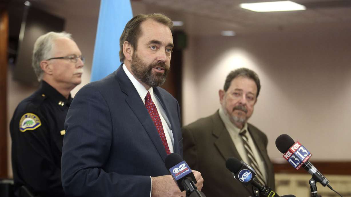 Utah County Attorney David Leavitt, left,speaks during a press conference in Provo on Jan. 23, 2019. A judge has sanctioned Leavitt and disqualified from participating in the double murder criminal case against Jerrod Baum.