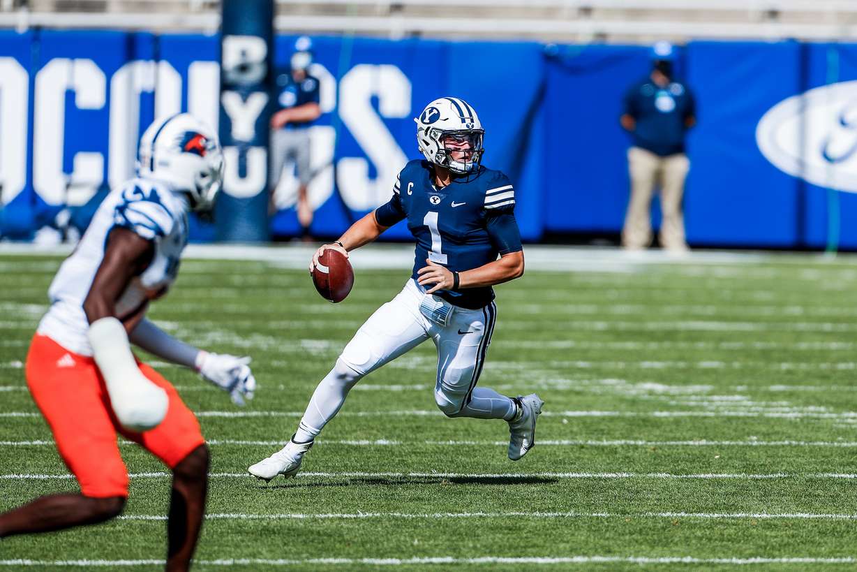 Zach Wilson looks to pass against UTSA, Saturday, Oct. 10, 2020 in Provo.