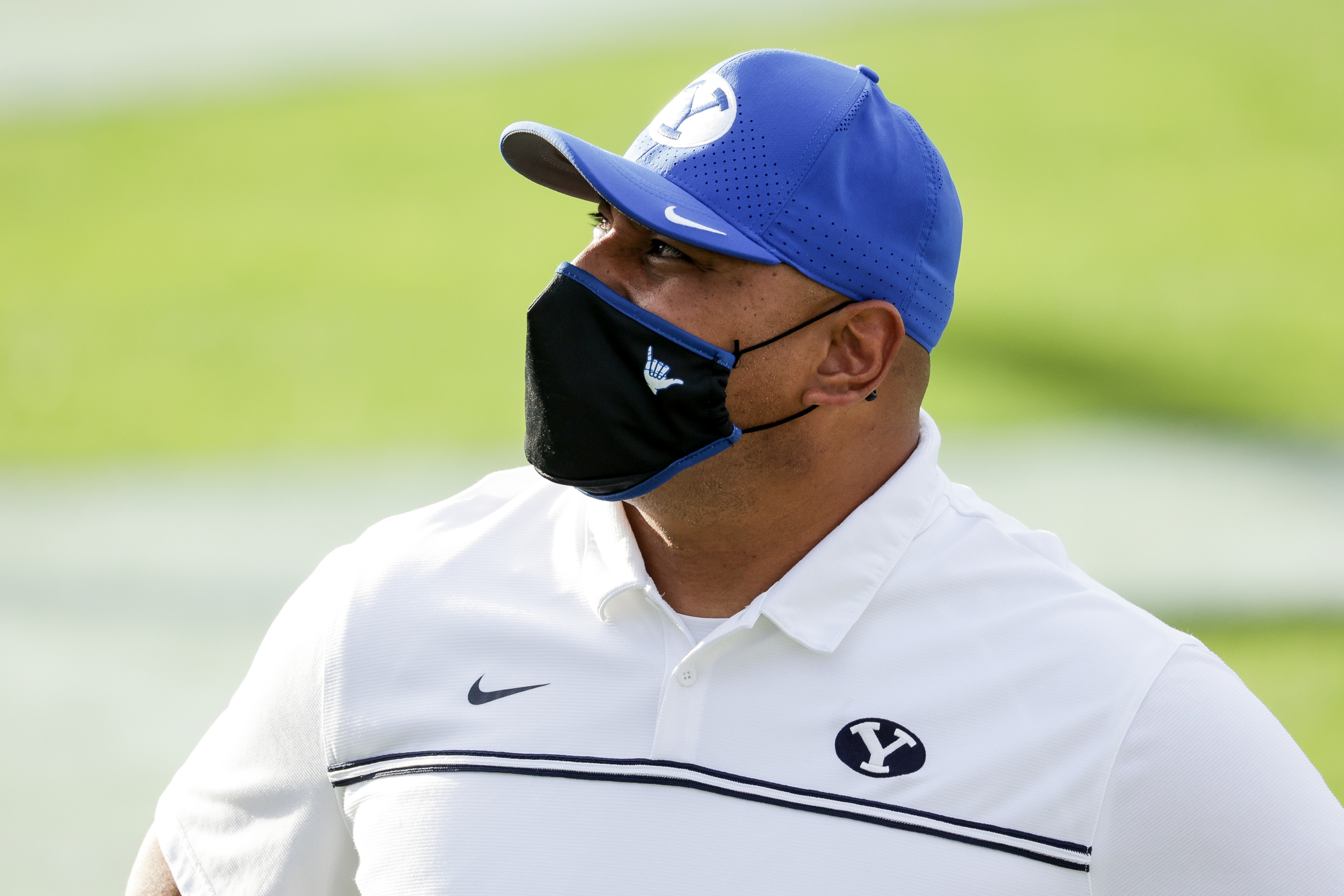 Brigham Young Cougars head coach Kalani Sitake comes off the field after his teamâ??s 27-20 win over the UTSA Roadrunners at LaVell Edwards Stadium in Provo on Saturday, Oct. 10, 2020.