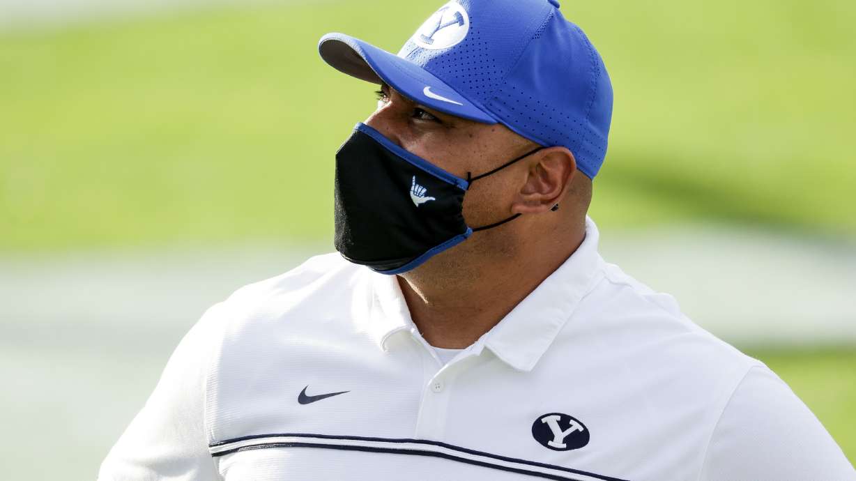 Brigham Young Cougars head coach Kalani Sitake comes off the field after his teamâ??s 27-20 win over the UTSA Roadrunners at LaVell Edwards Stadium in Provo on Saturday, Oct. 10, 2020.