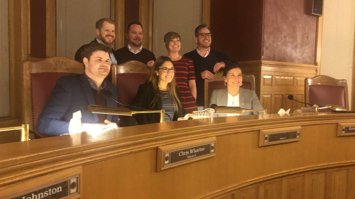 20190123
Analia Valdemoros poses for a picture with the Salt Lake City Council on Tuesday, Jan. 22, 2019. The City Council unanimously voted to chose Valdemoros out of 20 candidates vying to replace now state Sen. Derek Kitchen.