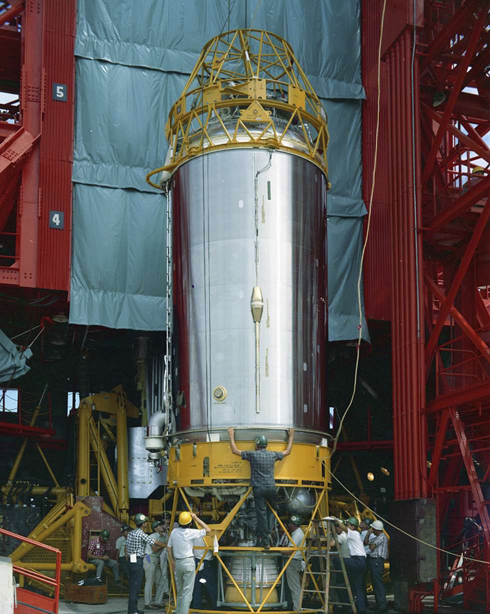 In this Aug. 13, 1965 photo provided by the San Diego Air and Space Museum, technicians work on an Atlas Centaur 7 rocket at Cape Canaveral, Fla. NASA's leading asteroid expert, Paul Chodas, speculates that asteroid 2020 SO, as it is formally known, is actually a Centaur upper rocket stage that propelled NASA’s Surveyor 2 lander to the moon in 1966 before it was discarded.
