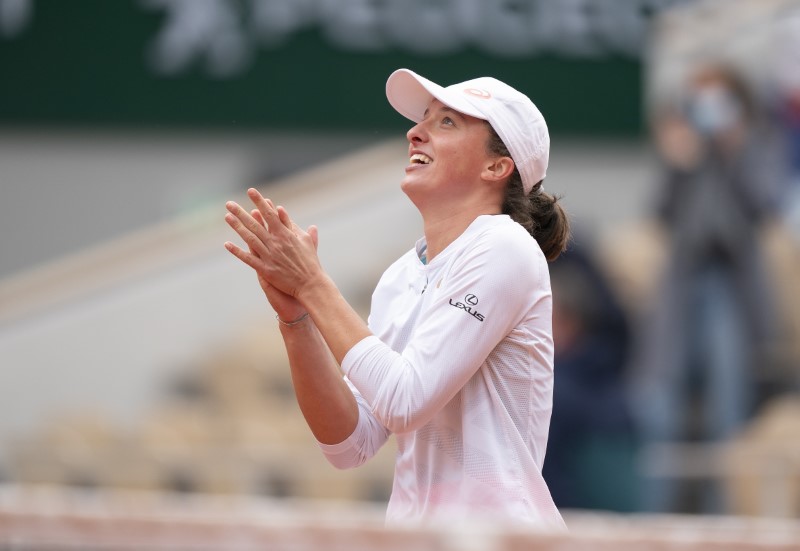 FILE PHOTO: Oct 10, 2020; Paris, France; Iga Swiatek (POL) celebrates match point during her match against Sofia Kenin (USA) on day 14 at Stade Roland Garros. Mandatory Credit: Susan Mullane-USA TODAY Sports