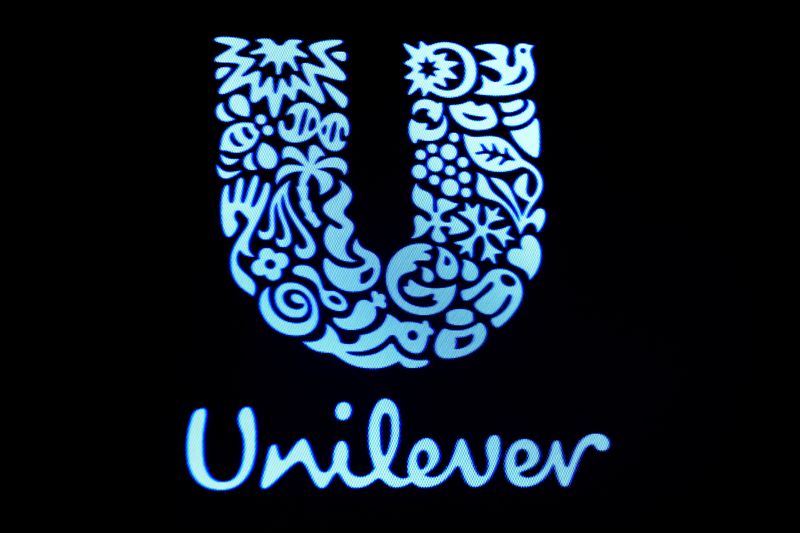 FILE PHOTO: The company logo for Unilever is displayed on a screen on the floor of the New York Stock Exchange (NYSE) in New York, U.S., February 17, 2017. REUTERS/Brendan McDermid