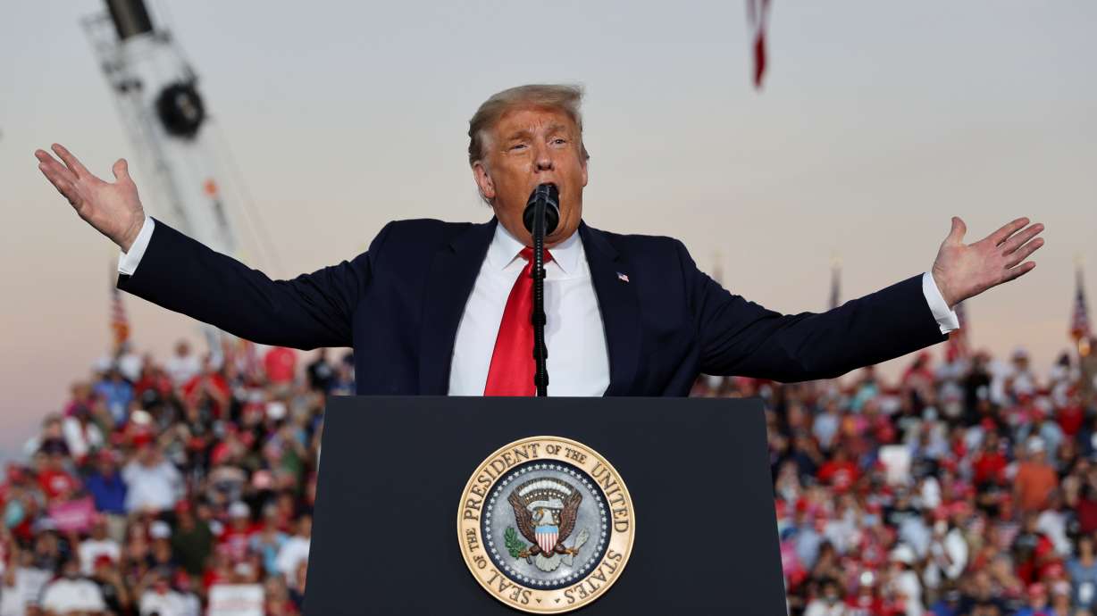 U.S. President Donald Trump speaks during a campaign rally, his first since being treated for the coronavirus disease (COVID-19), at Orlando Sanford International Airport in Sanford, Florida, U.S., October 12, 2020.