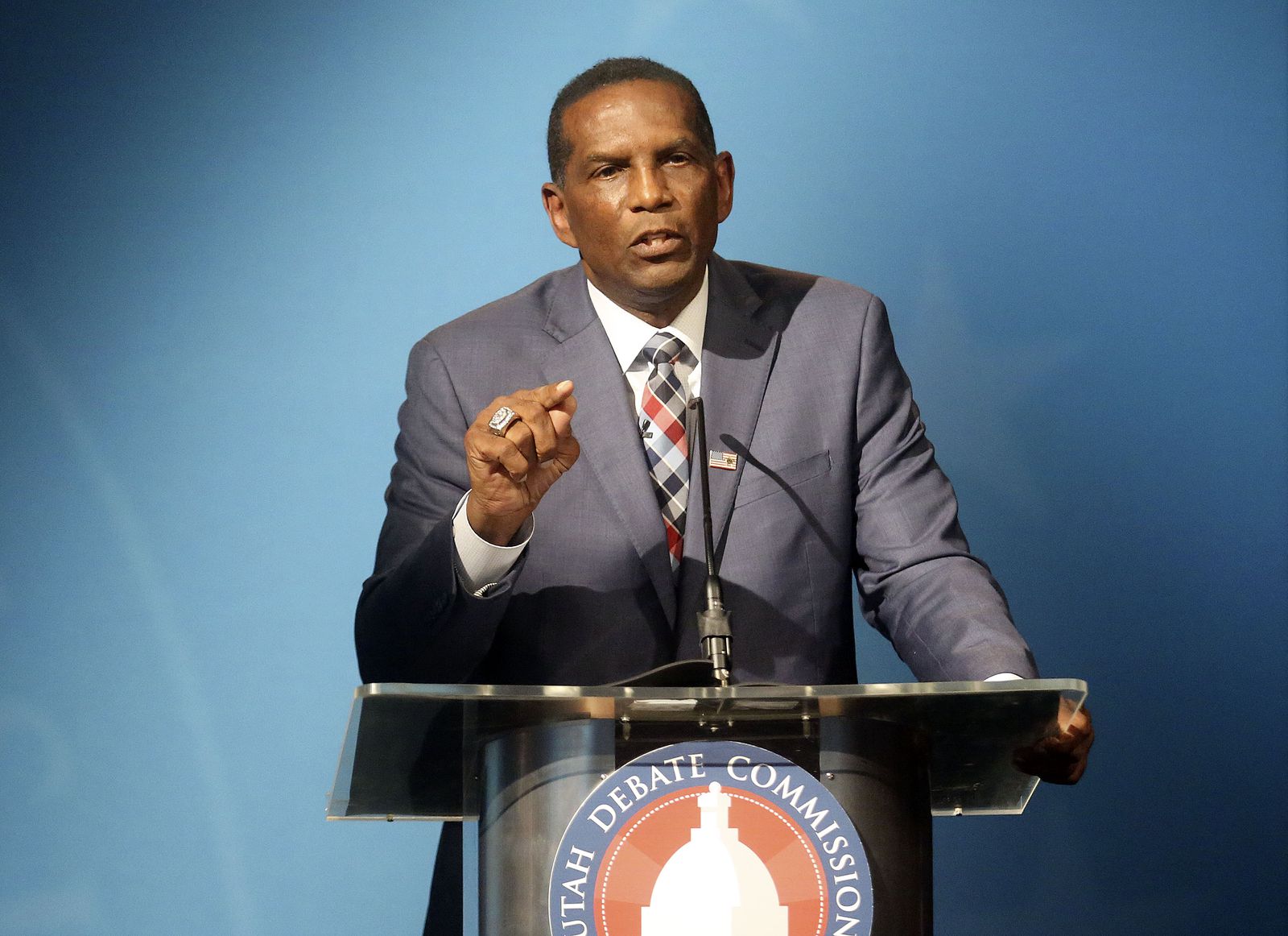 Burgess Owens, 4th Congressional District Republican candidate, participates in a Utah Debate Commission debate with his opponent Rep. Ben McAdams, D-Utah, not pictured, at the Triad Center in Salt Lake City on Monday, Oct. 12, 2020.